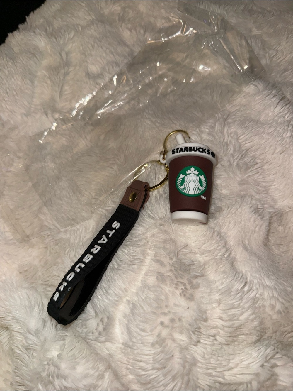 Starbucks Brown Coffee Cup Keychain with Green Logo and Black Strap
